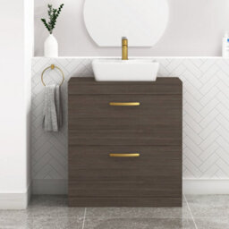 Royal Bathrooms 800mm Floor Standing Vanity Unit 2 Drawer Grey Elm & Countertop Basin - Cube With Brushed Brass Handle - thumbnail 1
