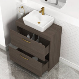Royal Bathrooms 800mm Floor Standing Vanity Unit 2 Drawer Grey Elm & Countertop Basin - Cube With Brushed Brass Handle - thumbnail 3