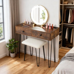 Costway Makeup Dressing Table With Lighted Mirror Vanity Desk Set-Brown - thumbnail 1