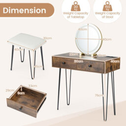 Costway Makeup Dressing Table With Lighted Mirror Vanity Desk Set-Brown - thumbnail 2