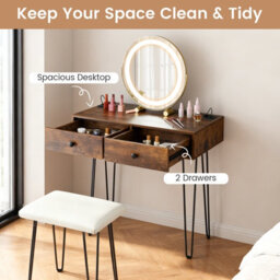 Costway Makeup Dressing Table With Lighted Mirror Vanity Desk Set-Brown - thumbnail 7