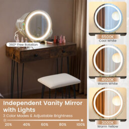 Costway Makeup Dressing Table With Lighted Mirror Vanity Desk Set-Brown - thumbnail 6