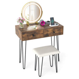 Costway Makeup Dressing Table With Lighted Mirror Vanity Desk Set-Brown - thumbnail 9