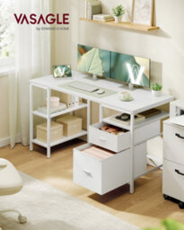 LEDREM Computer Desk, Work Desk With Storage, 3 Shelves, 2 Drawers, 140 X 60 X 76 Cm, For Home Office, Living Room, Modern Style - thumbnail 1