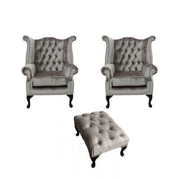 Chesterfield 2 X Wing Chairs + Footstool Boutique Beige Velvet In Queen Anne Style