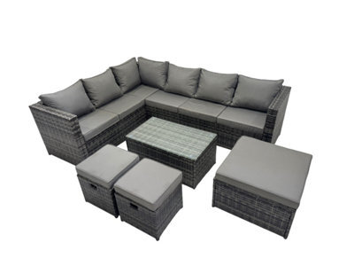 Fimous Outdoor Rattan Rectangular Coffee Table Corner Sofa Sets Garden Furniture Set With 3 Stools Dark Grey Mixed - image 1