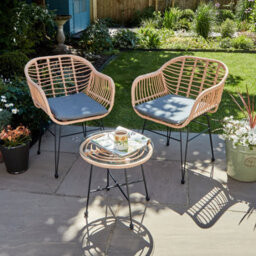 Home Source Flora Outdoor Table And Chair Set Natural Wicker Frame Black Steel Legs Glass Tabletop - thumbnail 1