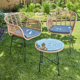 Home Source Flora Outdoor Table And Chair Set Natural Wicker Frame Black Steel Legs Glass Tabletop - thumbnail 2