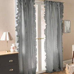 Ohs Stripe Frill Voile Net Curtain Pair Window Panels Slot Top Set - Black - thumbnail 2