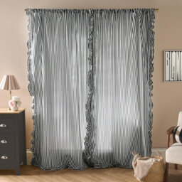 Ohs Stripe Frill Voile Net Curtain Pair Window Panels Slot Top Set - Black - thumbnail 3