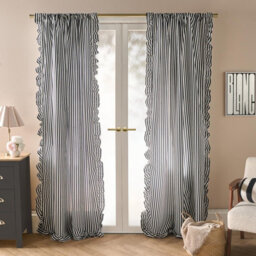 Ohs Stripe Frill Voile Net Curtain Pair Window Panels Slot Top Set - Black