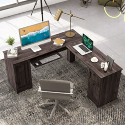 Gainoom Black L-Shaped Desk Home Office Workstation Corner Computer Desk W/ Adjustable Shelf - thumbnail 3