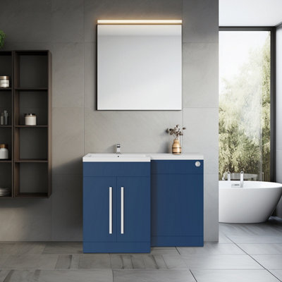 Rinse Bathrooms 1100mm Lh Basin L Shape Matte Blue Vanity Sink Unit Cabinet Storage Furniture + Cistern - image 1