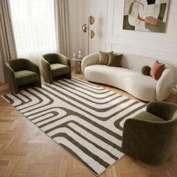 The Rugs Loft Olive And Ivory Curved Line Living Room Area Rug And Runners Soft Pile - thumbnail 3