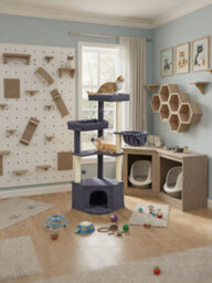 LEDREM Cat Tree, 48.5 X 48.5 X 140.7 Cm, Cat Tower Cats, With Cave, Large Platforms, Plush Balls, Hammock, Dark Grey - thumbnail 1