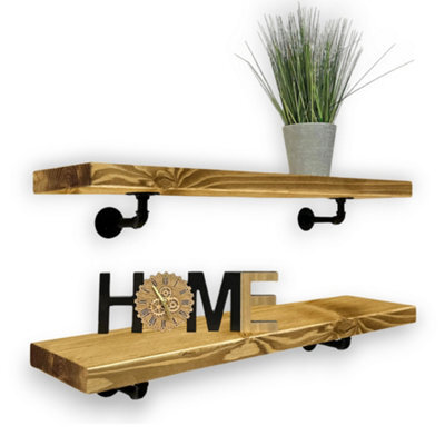 MKGT Industrial Pipe Bracket Wooden Floating Shelves, Rustic Wall Decor (Dark Oak, 70Cm) - image 1