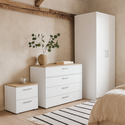 Wyld Haus Wilde Oak & White Gloss 3-Piece Bedroom Set - 2-Drawer Bedside, 4-Drawer Chest, 2-Door Wardrobe - image 1