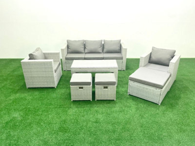 Fimous Rattan Garden Furniture Set 8 Seater Outdoor Garden Sofa Oblong Coffee Table Set 2 Chairs 3 Stools Light Grey - image 1