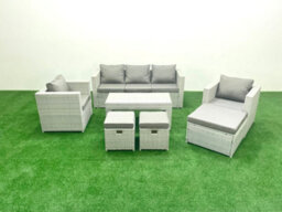 Fimous Rattan Garden Furniture Set 8 Seater Outdoor Garden Sofa Oblong Coffee Table Set 2 Chairs 3 Stools Light Grey - thumbnail 2