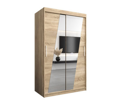 Arte Rhomb Contemporary Mirrored 2 Sliding Door Wardrobe 5 Shelves 2 Rails Oak Sonoma Effect (H)2000mm (W)1200mm (D)620mm - image 1