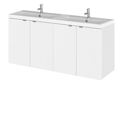 Hudson Reed Fusion Wall Hung 4 Door Vanity Unit & Twin Polymarble Basin, Stylish Vanity Unit With Basin, Gloss White, 1200mm - image 1