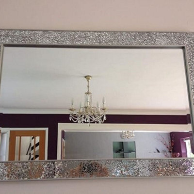 Deenz Crackle Mirror Mosaic Beveled Silver Frame Glass 90X60Cm Living Lounge Wall Hall