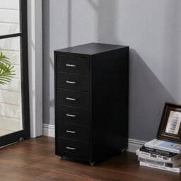 Living And Home 6 Drawers Black Vertical Mobile Metal File Cabinet Bedside Table With Wheels 685 mm - thumbnail 3