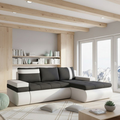 Oslo Mini Corner Sofa Bed With Storage Hr Foam Wave Spring Wooden Frame Living Room 245X182X90Cm Black And White Right - image 1