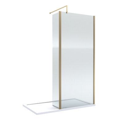 Balterley 8mm Fluted Glass Walk In Wetroom Screen And Hinged Return With Brushed Brass Profile And Shower Tray - 1400 X 800mm - image 1