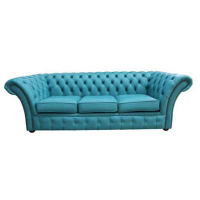 Chesterfield 3 Seater Sofa Settee Shelly Dark Teal Real Leather In Balmoral Style - image 1