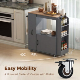 Kitchen Trolley On Wheels, Rolling Kitchen Island Cart With Power Outlet Grey - thumbnail 4