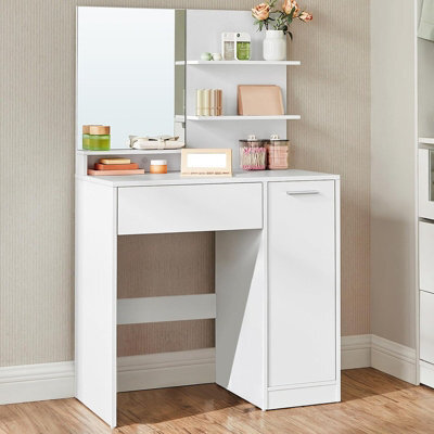 Ledrem Dressing Table, Vanity Table With Large Mirror, Adjustable Shelves, 1 Drawer, 2 Open Shelves, Modern Makeup Desk, White  - image 1