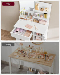 Ledrem Dressing Table, Vanity Table With Large Mirror, Adjustable Shelves, 1 Drawer, 2 Open Shelves, Modern Makeup Desk, White  - thumbnail 4
