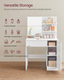 Ledrem Dressing Table, Vanity Table With Large Mirror, Adjustable Shelves, 1 Drawer, 2 Open Shelves, Modern Makeup Desk, White  - thumbnail 3