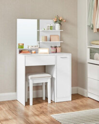 Ledrem Dressing Table, Vanity Table With Large Mirror, Adjustable Shelves, 1 Drawer, 2 Open Shelves, Modern Makeup Desk, White  - thumbnail 8