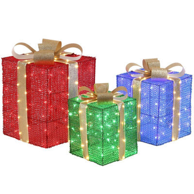 Giant Led Christmas Gift Boxes, Set Of 3, Mains Powered, 200 Lights In Red, Blue & Green - image 1
