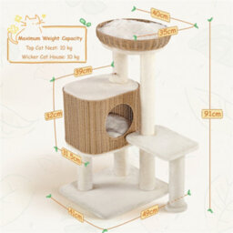 Yaheetech Beige 91 Cm Tall Rattan Cat Tree With Natural Sisal Scratching Post - thumbnail 3
