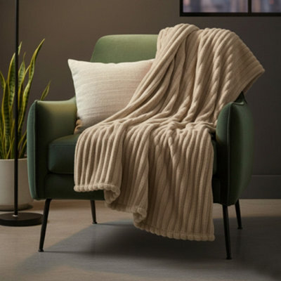 Chunky Ribbed Mink Throw Ultra Soft Warm Elegant Blanket For Sofa Or Bed Beige - image 1