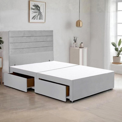 Silver Plush Fabric 5Ft King Size Bed Frame With 48 Inch Horizontal Line Headboard And 2 Drawers - image 1