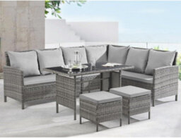 New - Evre Madison 7 Seater Garden Furniture Set Grey Pe Rattan Corner Sofa With Dining Table, 2 Stools & Thick Cushions - thumbnail 1