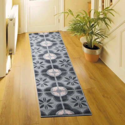 Bravich Hard Wearing Hessian Backed Stair Runner Kitchen Mat - Texas Pink & Grey Floral Tiles - 60X180Cm (2'x6') - image 1