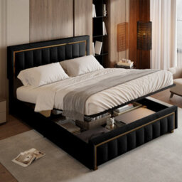 4Ft6 Double Bed, Upholstered Ottoman Bed Frame With Adjustable Headboard, Black Velvet 135X190Cm - thumbnail 3