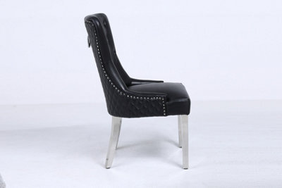 Modernique A Pair Black Leather Aire High Tuffted Ring Knocker Back Dining Chairs With Solid Chrome Legs - image 1