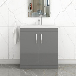 Royal Bathrooms Turin Indigo Grey Gloss 800mm Floor Standing Vanity Unit 2 Door With Mid-Edge Basin Sink