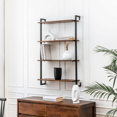 MH London Phantom 4 Tier Wood & Iron Wall Shelf Floating Shelf Wall Mounted Shelf Book Shelves In Walnut - image 1