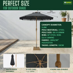 My Garden Outdoor Living Garden Parasol Umbrella 2M Dia Outdoor Sun Umbrella With Tassels Steel Pole Air Vent Patio Umbrella Parasol With Carry Bag - thumbnail 5