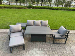 Fimous 6-Piece Aluminium Garden Furniture Sets 6 Seater Outdoor Sofa Set With Adjustable Rising Lifting Dining Table Side Table - thumbnail 2