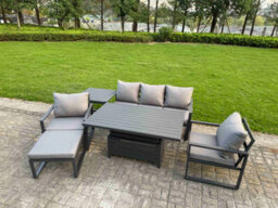 Fimous 6-Piece Aluminium Garden Furniture Sets 6 Seater Outdoor Sofa Set With Adjustable Rising Lifting Dining Table Side Table - thumbnail 1