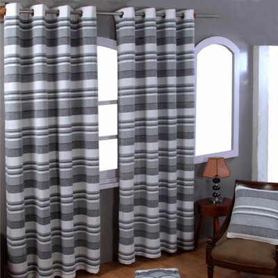 "Homescapes Cotton Morocco Striped Monochrome Curtain Pair, 66 X 90"" Drop" - image 1