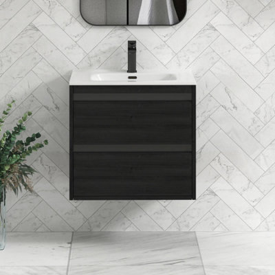 Royal Bathrooms Orion 600mm Wall Hung Bathroom Vanity Unit 2 Drawer Hale Black With Ceramic Basin & Black Accent Trim - image 1